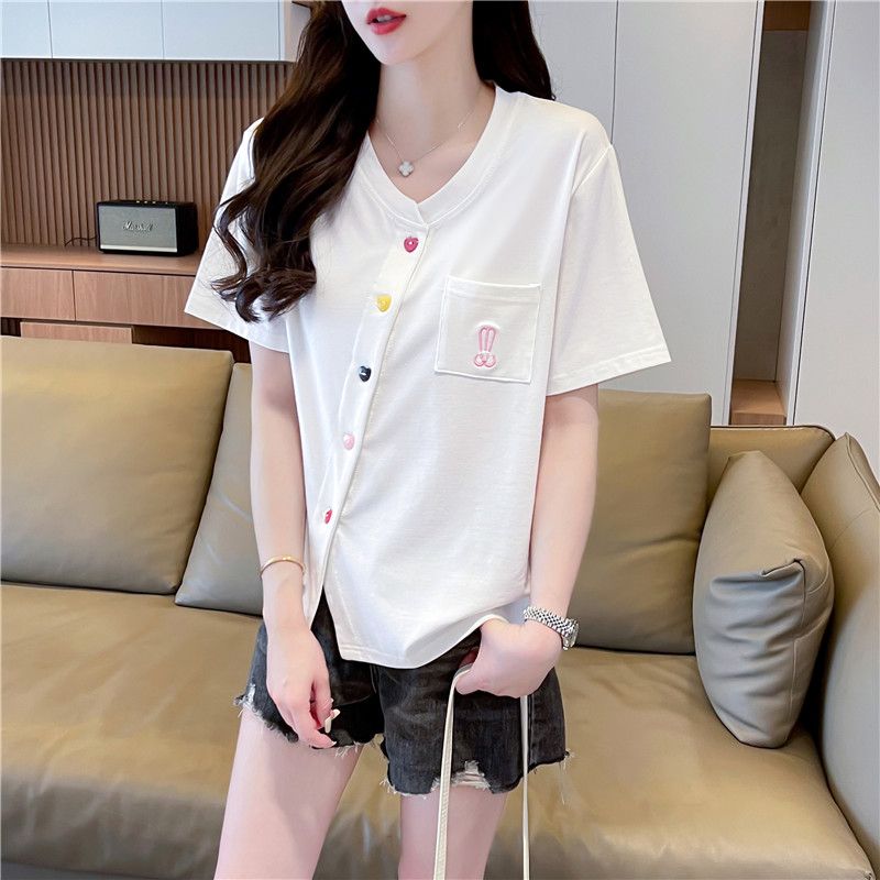 Real shot Korean version loose irregular splicing love button short-sleeved T-shirt for women's new summer large-size top ins