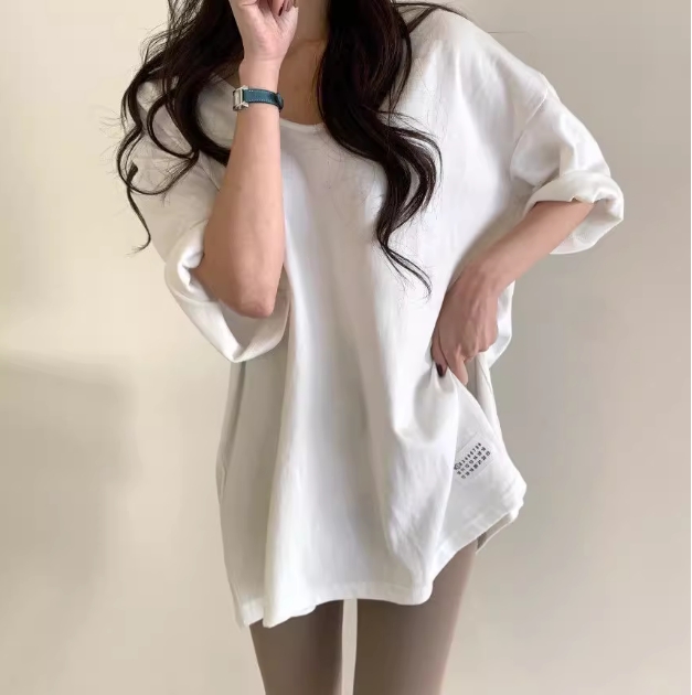 慵懶寬鬆白色V領短袖t恤女ins潮春夏設計感小眾側開叉打底衫上衣