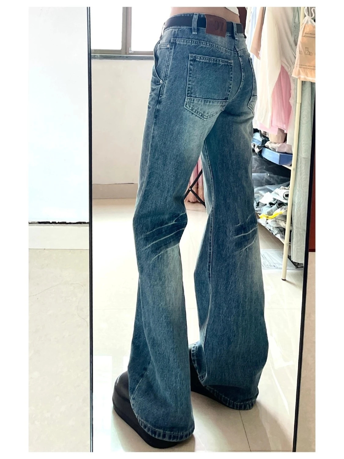 復古美式寬鬆裂紋低腰喇叭牛仔褲女2025秋季新款辣妹顯瘦拖地褲子
