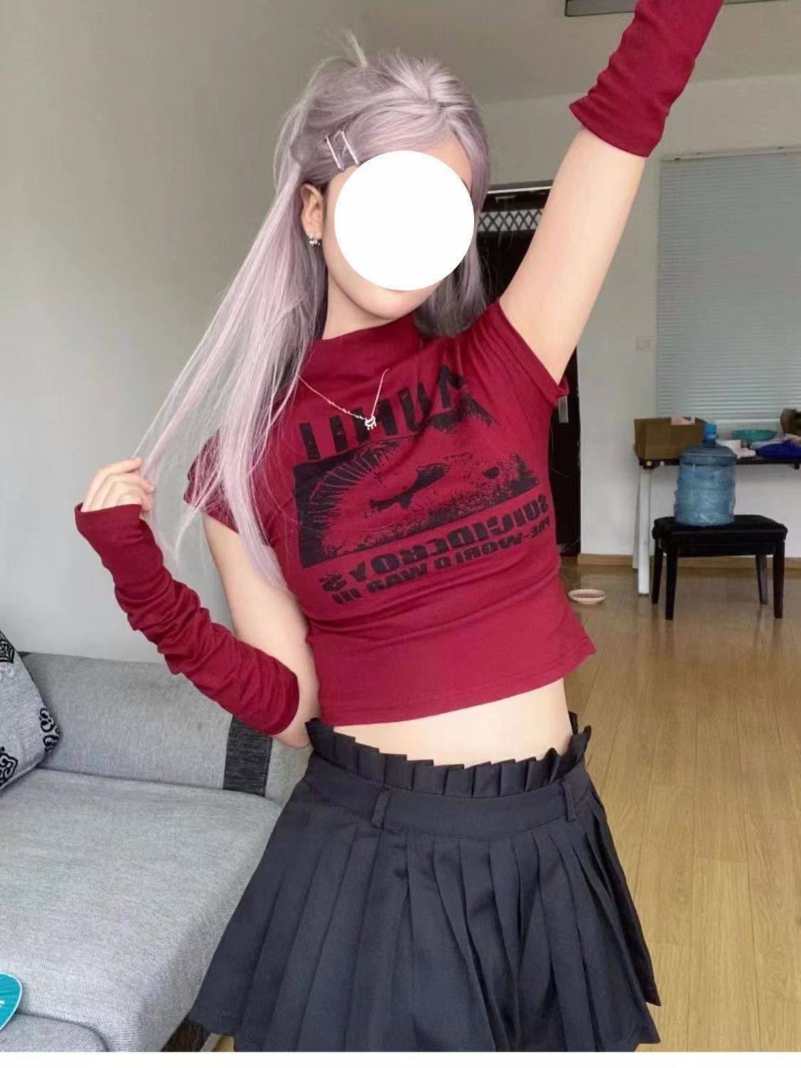 人棉1：1美式高領短袖T恤女夏修身顯瘦短款印花袖套打底辣妹上衣