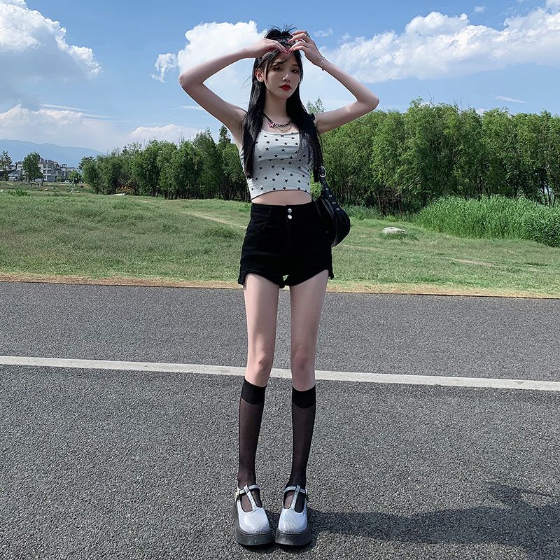 Real shot 2025 American retro high waist elastic denim shorts for women's summer new style thin style A-line hip packaging