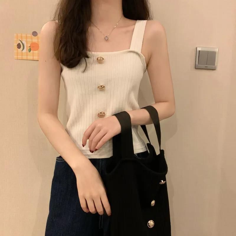 Summer New French Square Collar Gold Button Groove Knit Cardigan for Outerwear Retro Fitted Thin Tank Top for Layering