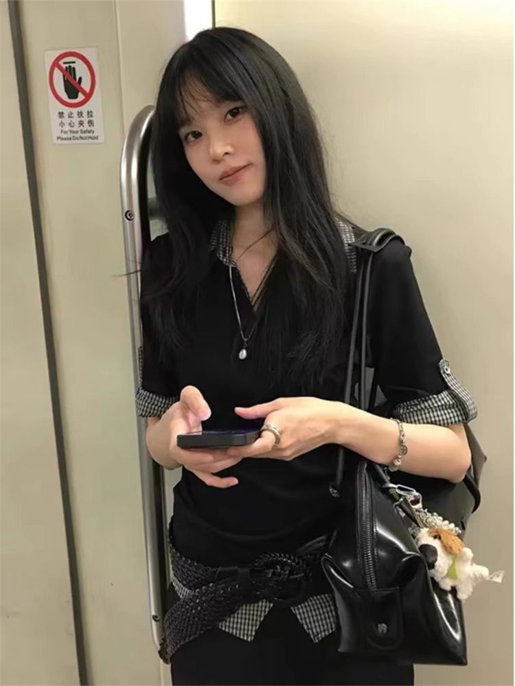 1*1莫代爾美式格紋長袖polo領T恤女秋新款假兩件休閒甜辣風上衣潮