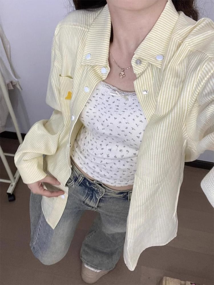 原版面料+毛巾繡 美式復古條紋Polo領襯衫外套女寬鬆開衫上衣