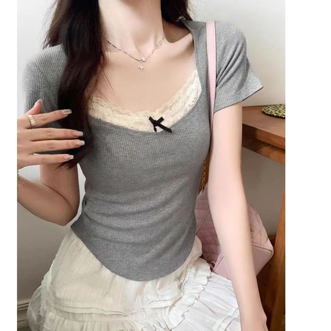 大領口蕾絲純欲正肩短袖t恤女蝴蝶結夏季bm修身小個子短款小上衣