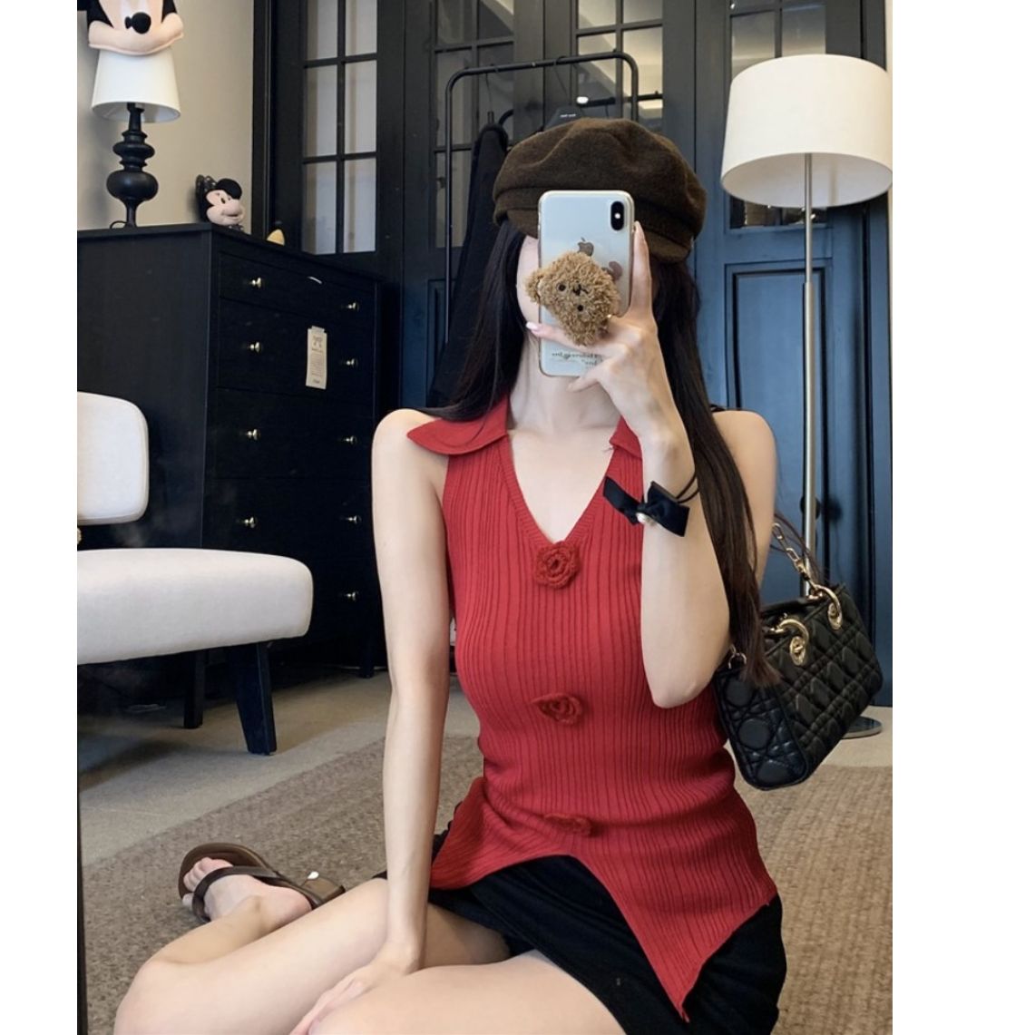 辣妹V領修身針織背心女2025夏季立體花朵設計感開叉百搭外穿上衣