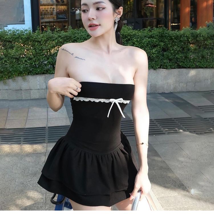 KLIOU 可甜可鹽減齡蕾絲邊蝴蝶結抹胸連衣裙女收腰顯瘦辣妹蓬蓬裙