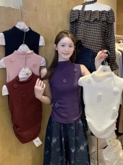 醬紫色修身立體花朵無袖針織衫女高級感顯瘦坎肩內搭短款背心上衣