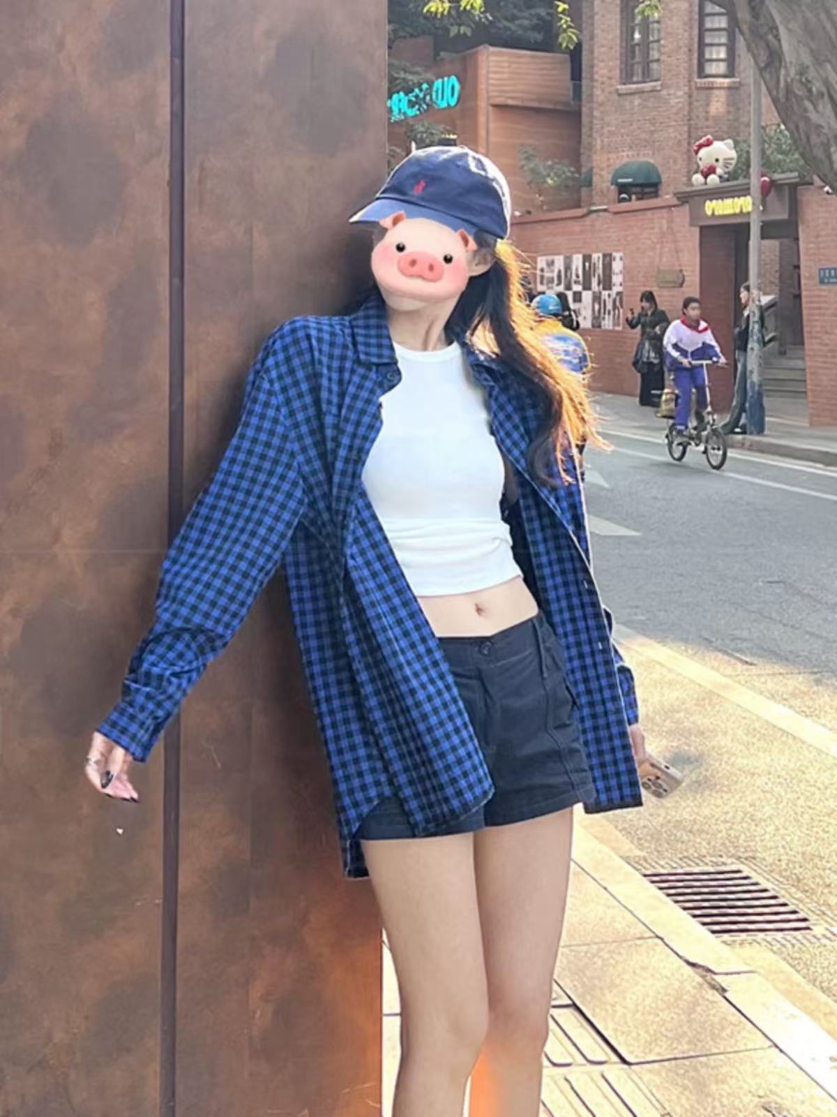 早春2025新款慵懶寬鬆藍色格紋襯衫女夏復古休閒防曬襯衣外套
