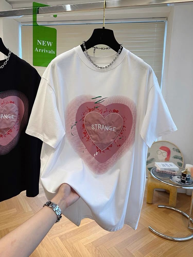 官圖特大碼300斤純棉刺繡貼布愛心t恤女短袖寬鬆上衣