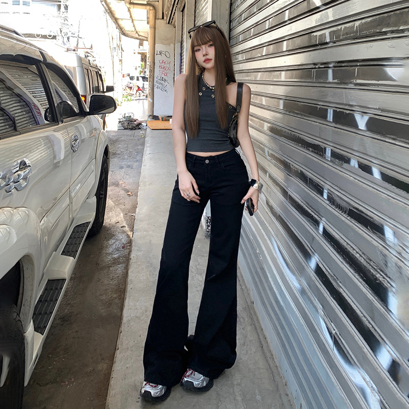 Black and white American stretch hot girl low waist wide-leg pants slightly elastic spring and summer versatile slim bell-bottom jeans for women