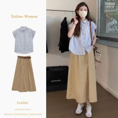 Salt-style light-elderly women's summer temperament small figure striped shirt and khaki half-body skirt two-piece set