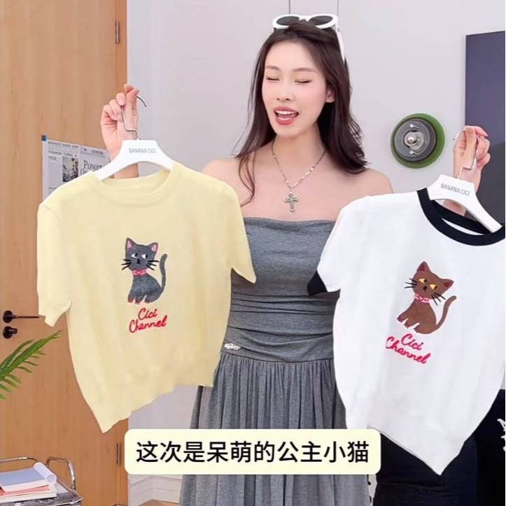 春季新款原創貓咪繡花短袖針織衫百搭撞色圓領T恤上衣