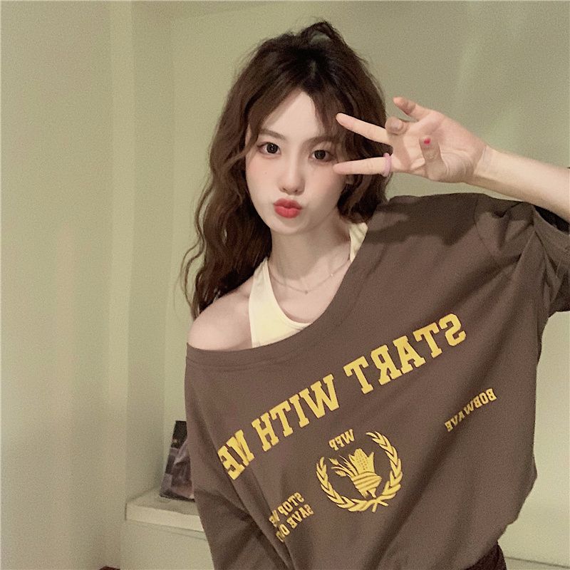 6535拉架棉 夏季短款露肩假兩件短袖T恤女寬鬆小眾純欲氣質上衣