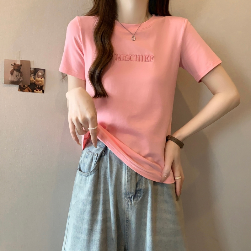 ins風圓領顯瘦修身短袖刺繡字母緊身t恤上衣女