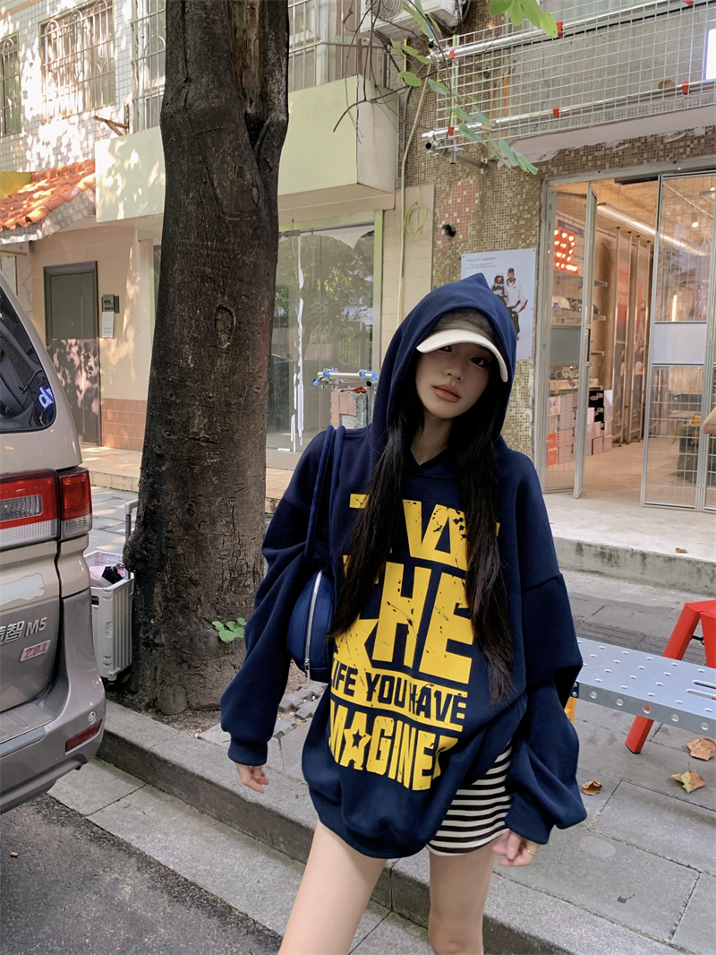 實拍 慵懶寬鬆連帽長袖字母印花衛衣秋街頭上衣