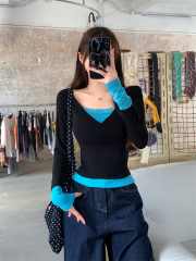 Real shot, straight contrasting color splicing fake two-piece design niche round neck pullover long-sleeved T-shirt sunscreen shirt