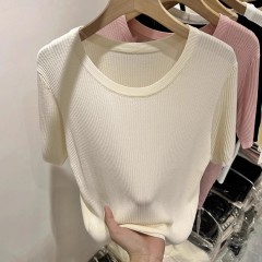 2025夏季女裝網紅潮款時髦短款洋氣針織衫u領薄款短袖T恤氣質上衣