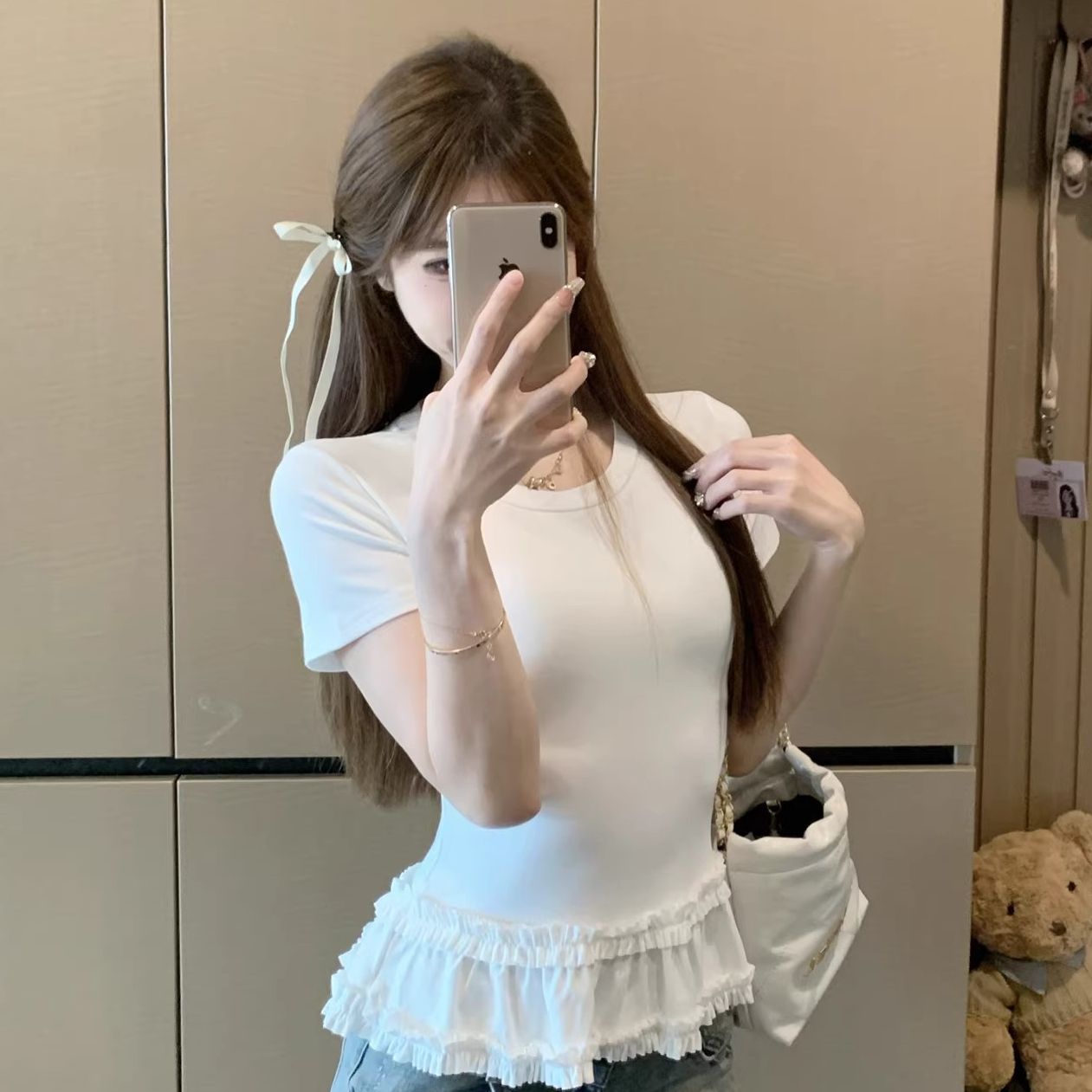 甜美風荷葉邊黑色圓領短袖T恤女夏季小眾收腰設計感白色上衣
