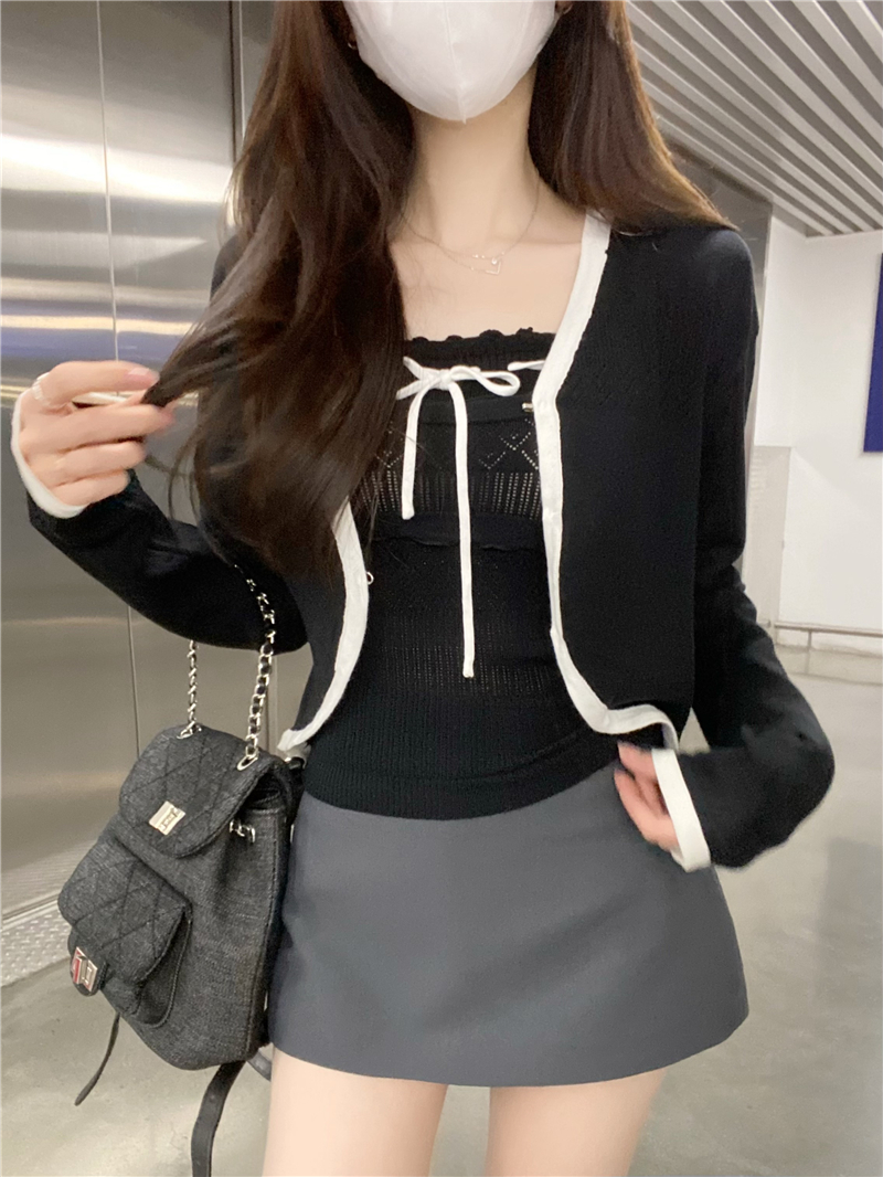 Real photo of sweet hot girl white strapless vest set loose short cardigan knitted jacket two-piece set