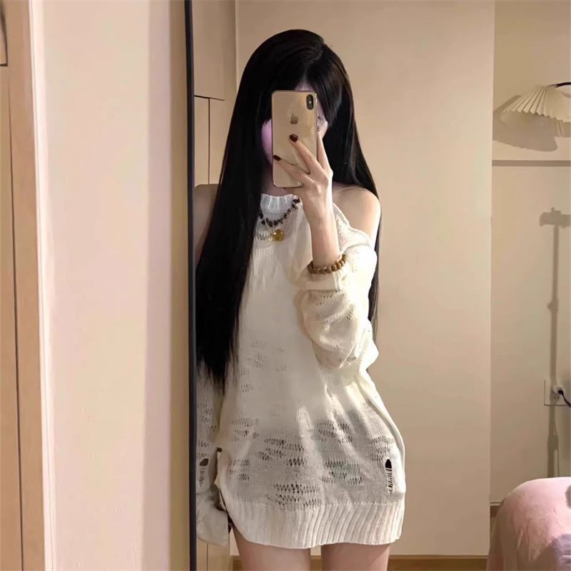 美式純欲破爛風鏤空露肩防曬針織衫女甜酷辣妹寬鬆破洞設計感上衣