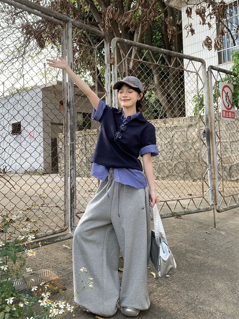 實拍 春夏設計感藏青Polo領短袖+藍格子短袖襯衫疊穿組合