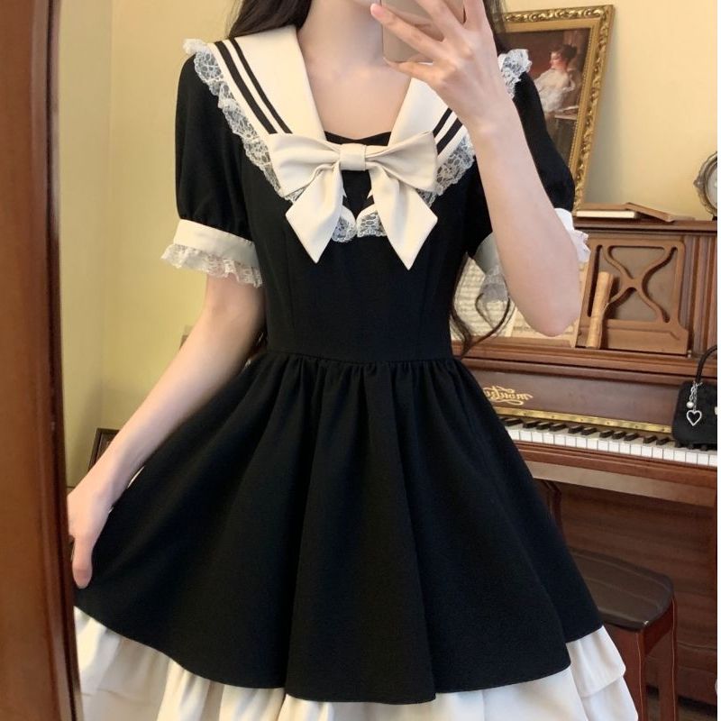 Bow navy neck lace dress for women's college style French waist-hugging and slim black skirt