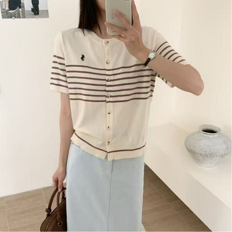 Korean fashion trend simple round-neck striped sweater for women in spring slim casual and versatile short-sleeved T-shirt