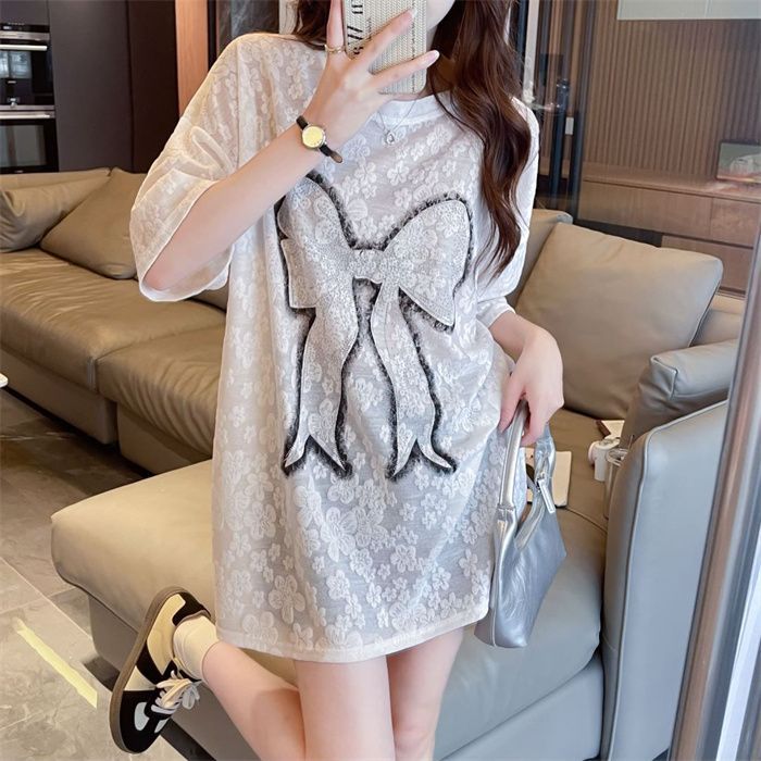 Real shot of heavy industry gold stamping new high-end and beautiful top mid-length summer thin lace short-sleeved T-shirt for women