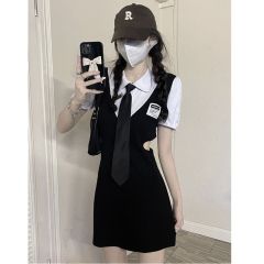 甜酷學院風連衣裙女夏季2025新款小個子氣質修身顯瘦露腰包臀裙子