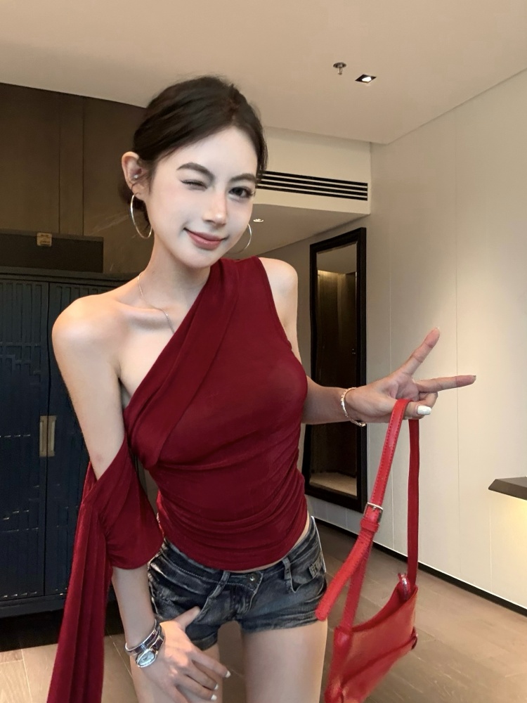 實拍 新款一字斜肩辣妹飄帶無袖T恤褶皺設計感別致修身顯瘦背心