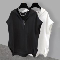 Summer 2025 New Korean Loose Plus Size Women's Hooded Half-Zip Solid Color T-Shirt