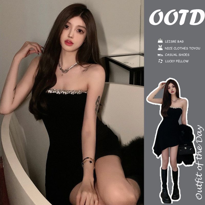 One-shoulder shiny rhinestone strapless irregular Hepburn style dress with high-end niche design black dress