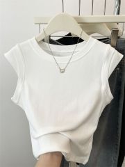 實物實拍夏季圓領飛飛袖藍色T恤女設計感小眾修身無袖上衣潮