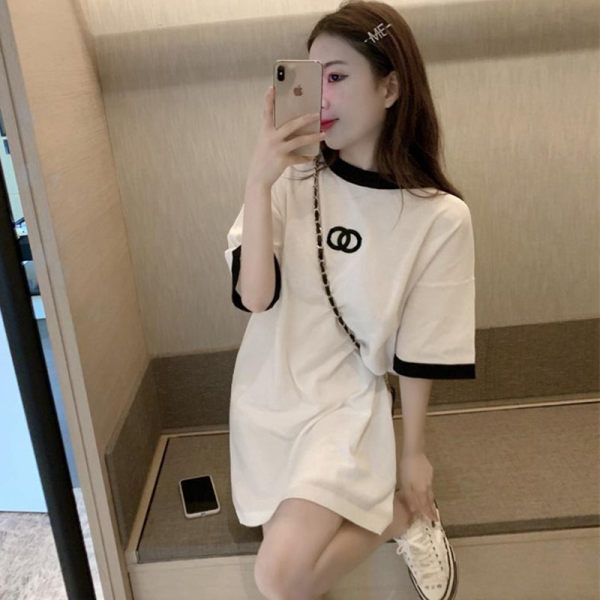 輕熟風印花冰絲減齡針織連衣裙女夏季時尚新款寬鬆顯瘦氣質T恤裙