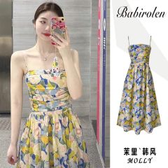 Floral Strappy Dress Summer Oil Painting Skirt Sweet and Gentle Vacation Style Beach Dress Petite Size Waist Cinching Slimming Dress