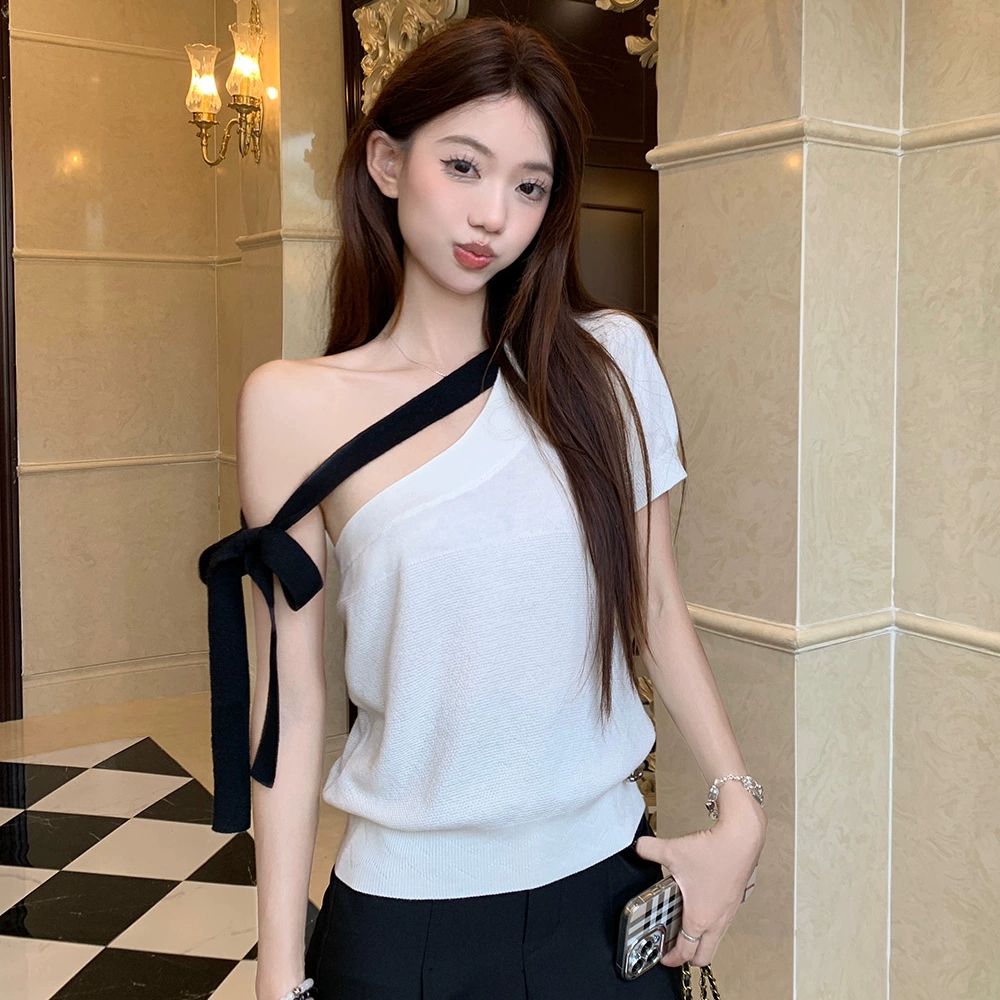 天貓質量蝴蝶結綁帶斜肩短袖針織女夏季修身設計感辣妹上衣