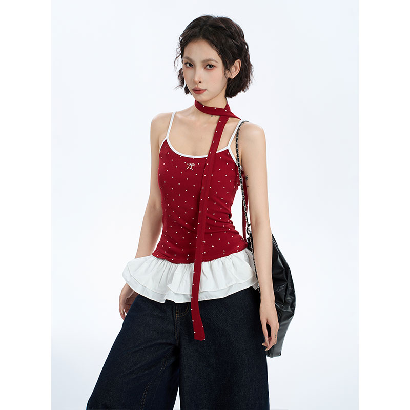 New red neck polka dot suspender vest for women in summer sleeveless outside and inside bottom hot girl ballet style top