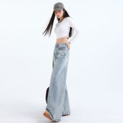 Real shot of 2025 spring wide-leg flared jeans for women loose slimming ripped straight and slightly flared trousers