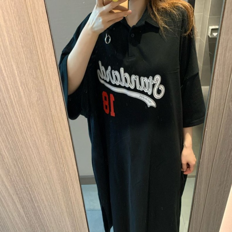有口袋Polo領連衣裙女夏季新款韓版慵懶寬鬆懶人裙子