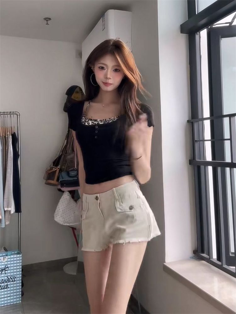 1*1莫代爾黑色方領短袖T恤女夏純欲性感辣妹修身顯瘦短款高腰上衣