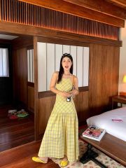 Women's Summer 2025 New V-Neck Plaid Blouse Dress with Shoulder Straps, Yellow Plaid, Fitted Waist, Backless