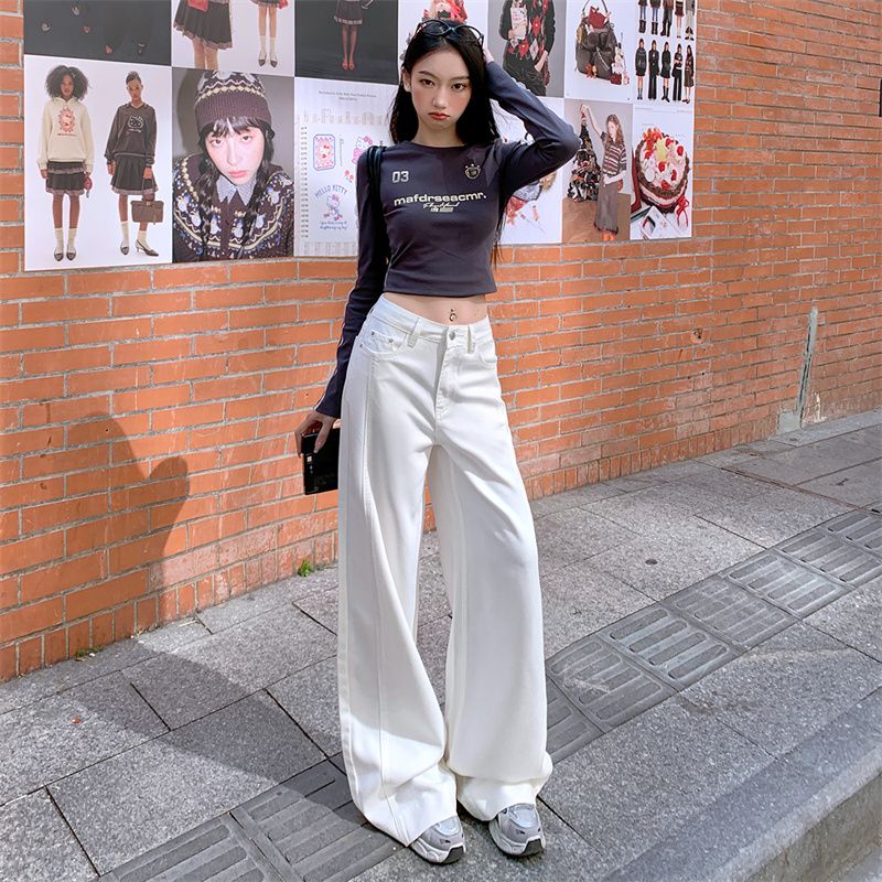 Real shot of 2025 spring fashion white three-proof wide-leg side seam pull-up design jeans for women