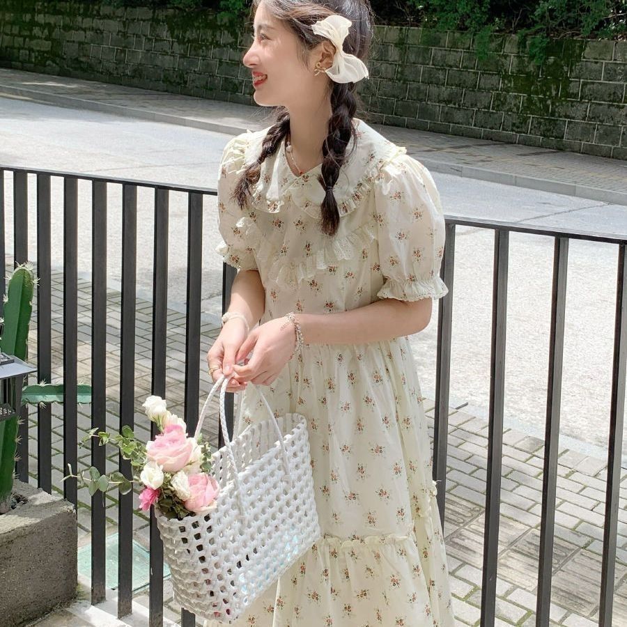 Japanese soft girl doll collar dress for women with sweet high waist floral skirt with waist slim midi skirt