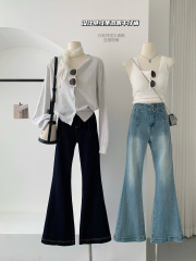 ACHI高腰藍色棉質提臀牛仔褲女彈力修身牛仔褲微喇叭