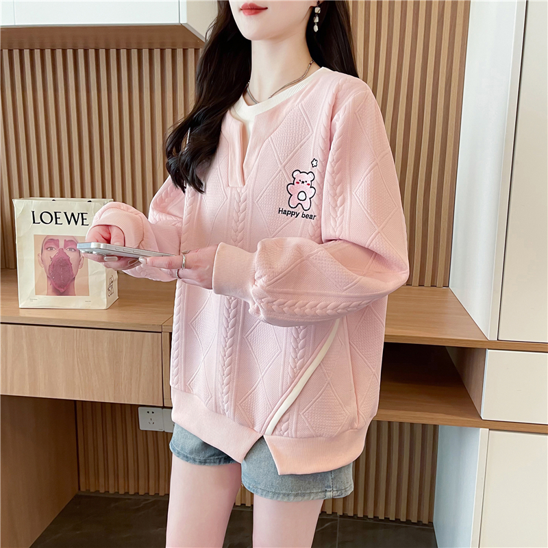 Real shot original jacquard fake two-piece large-size women's spring and autumn thin long-sleeved sweatshirt women's loose design top