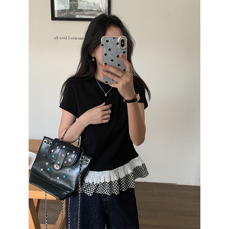 Modal cotton pure ruffle spliced ​​short-sleeved T-shirt for women's summer design layered inner base shirt