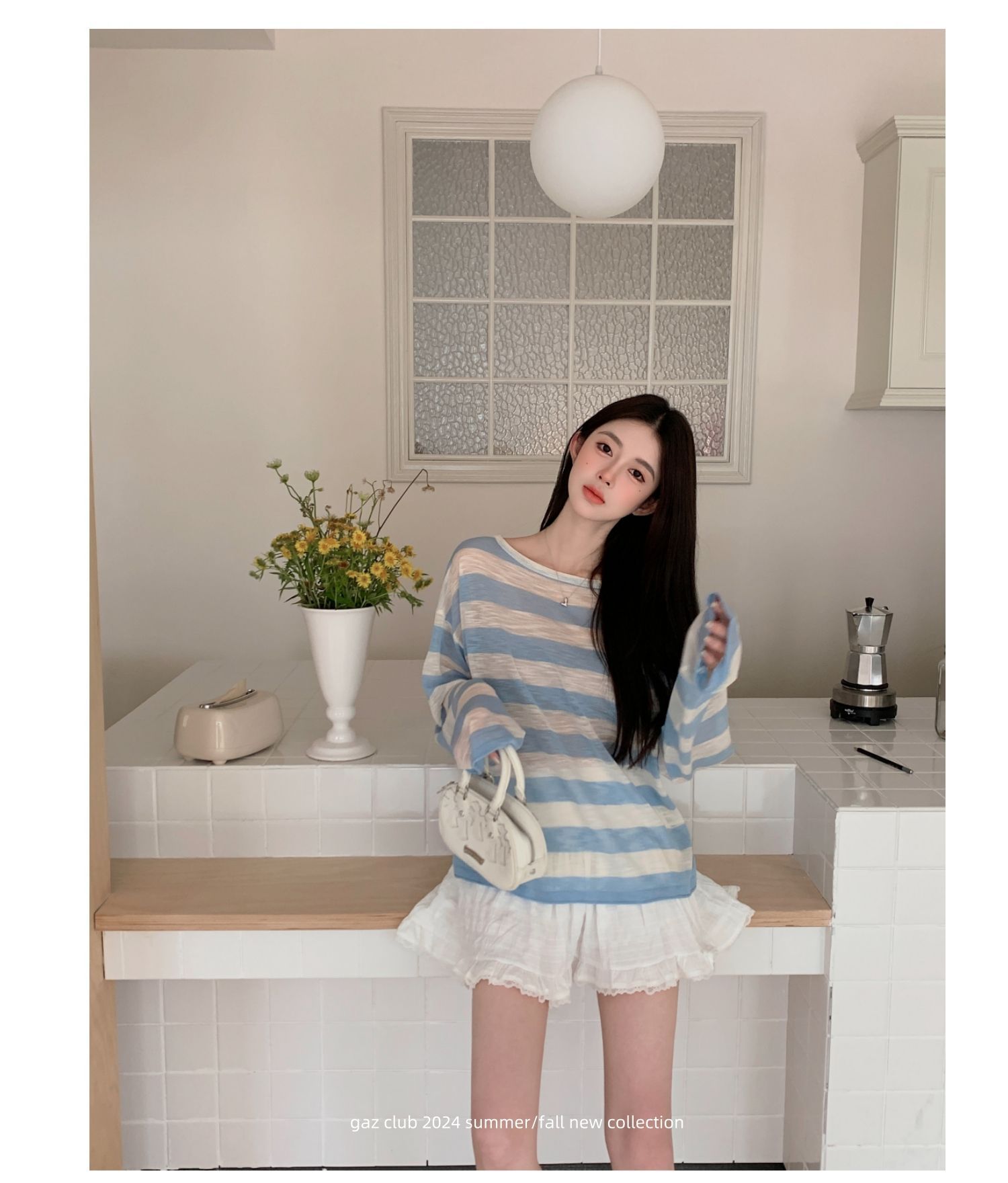 2025 new lazy backless contrasting striped sunscreen ice silk sweater loose round neck long sleeves