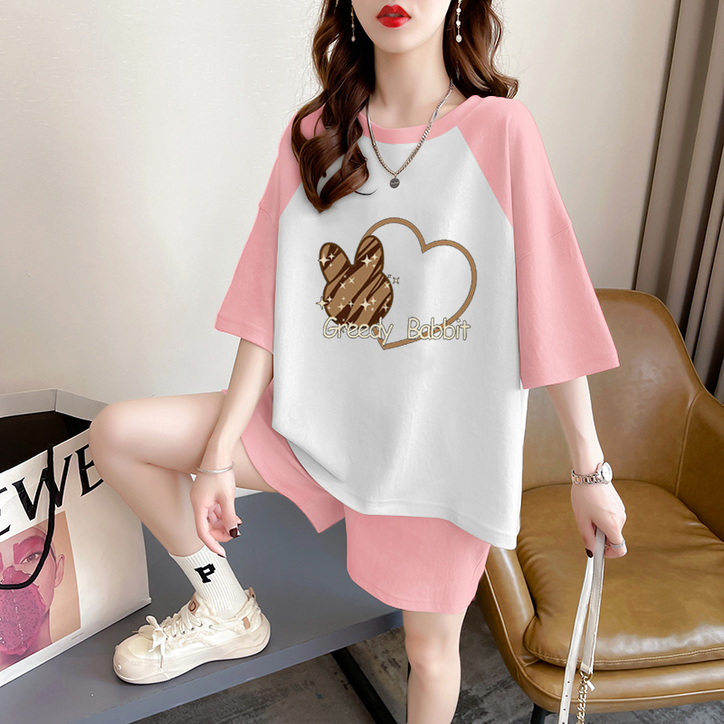 Real shot of pure cotton 32 double yarn 320g 2025 summer sports short-sleeved T-shirt shorts suit women's two-piece set