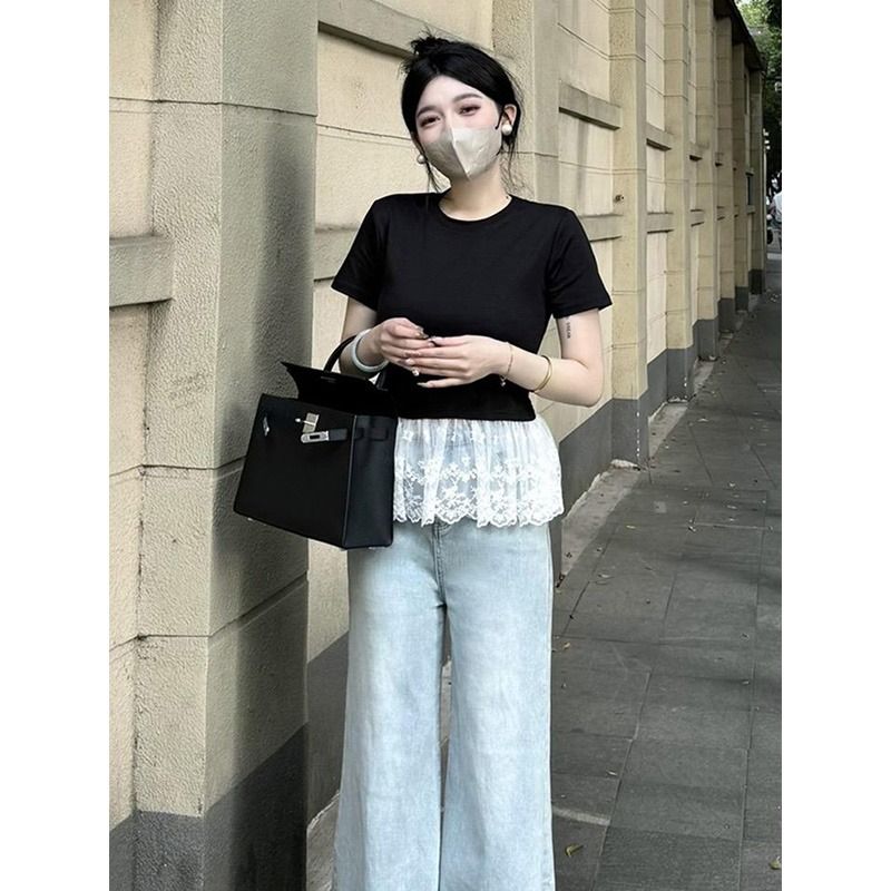 莫代爾t恤女夏短袖寬鬆獨特漂亮內搭上衣下擺蕾絲花邊打底衫
